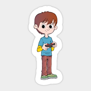 boy is holding a joystick in his hands Sticker